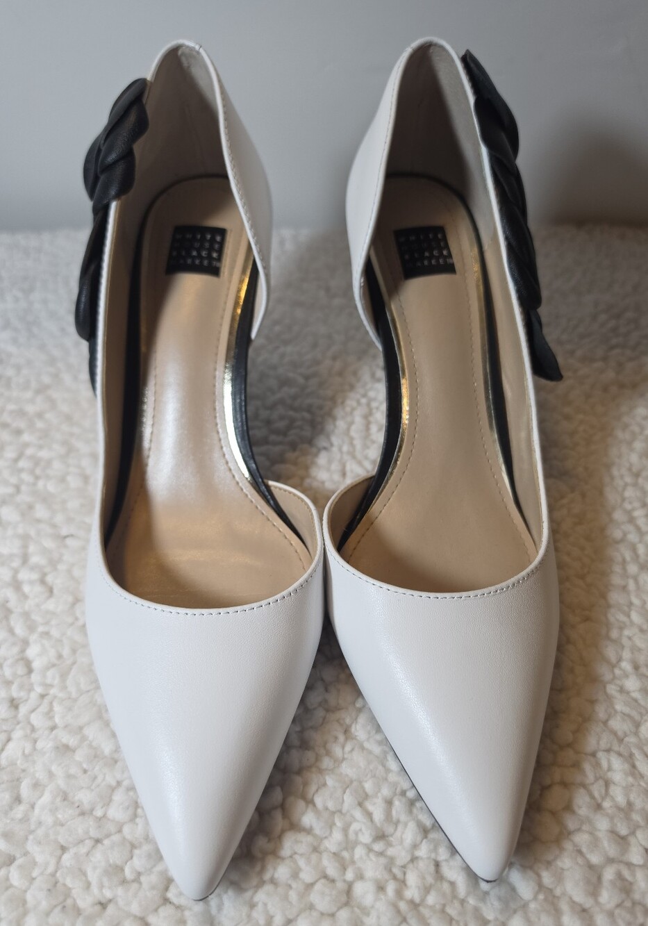 White House Black Market White Pointed Pumps with Black Knot Accent - Picture 2 of 13